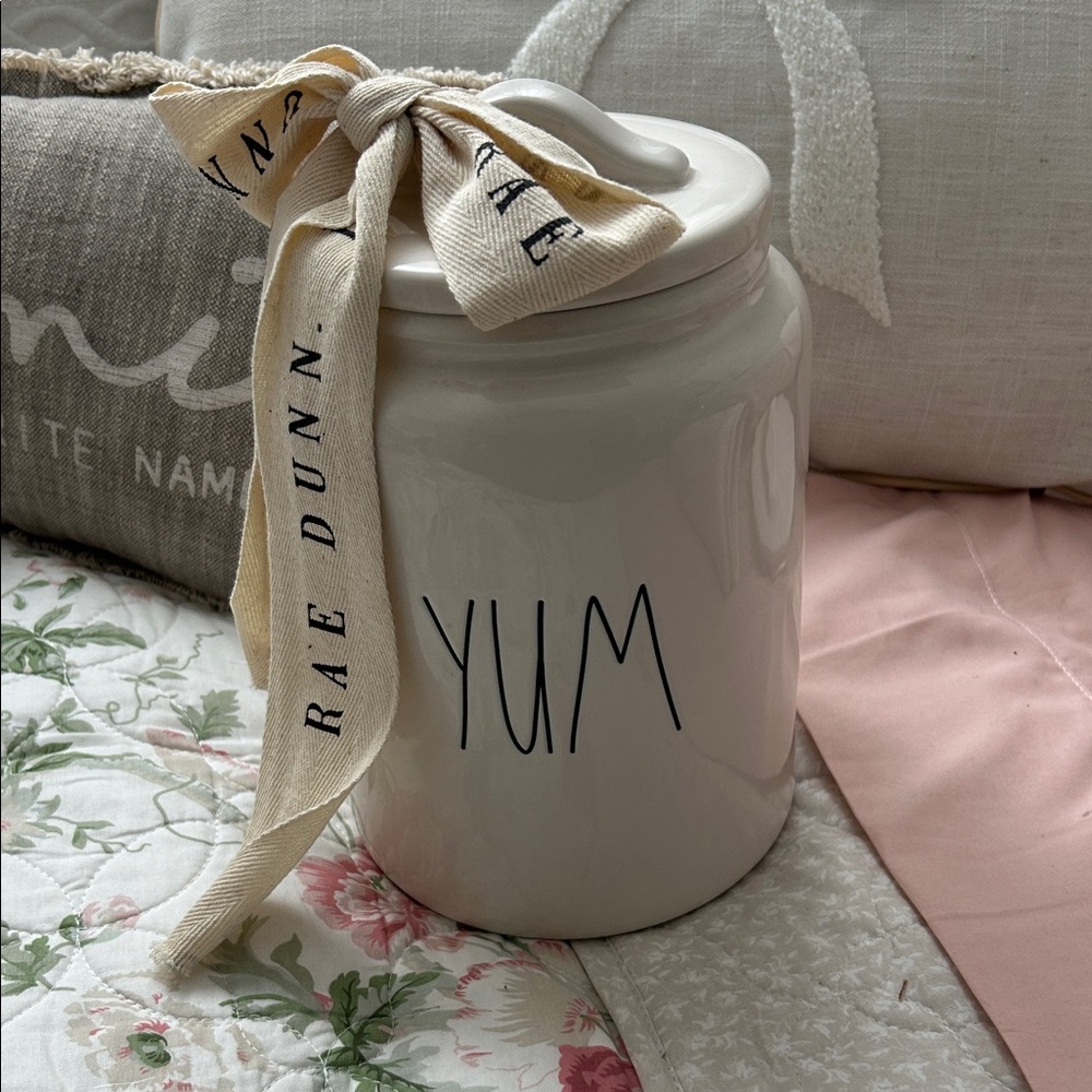 Rae Dunn White Ceramic 'YUM' Canister with Ribbon